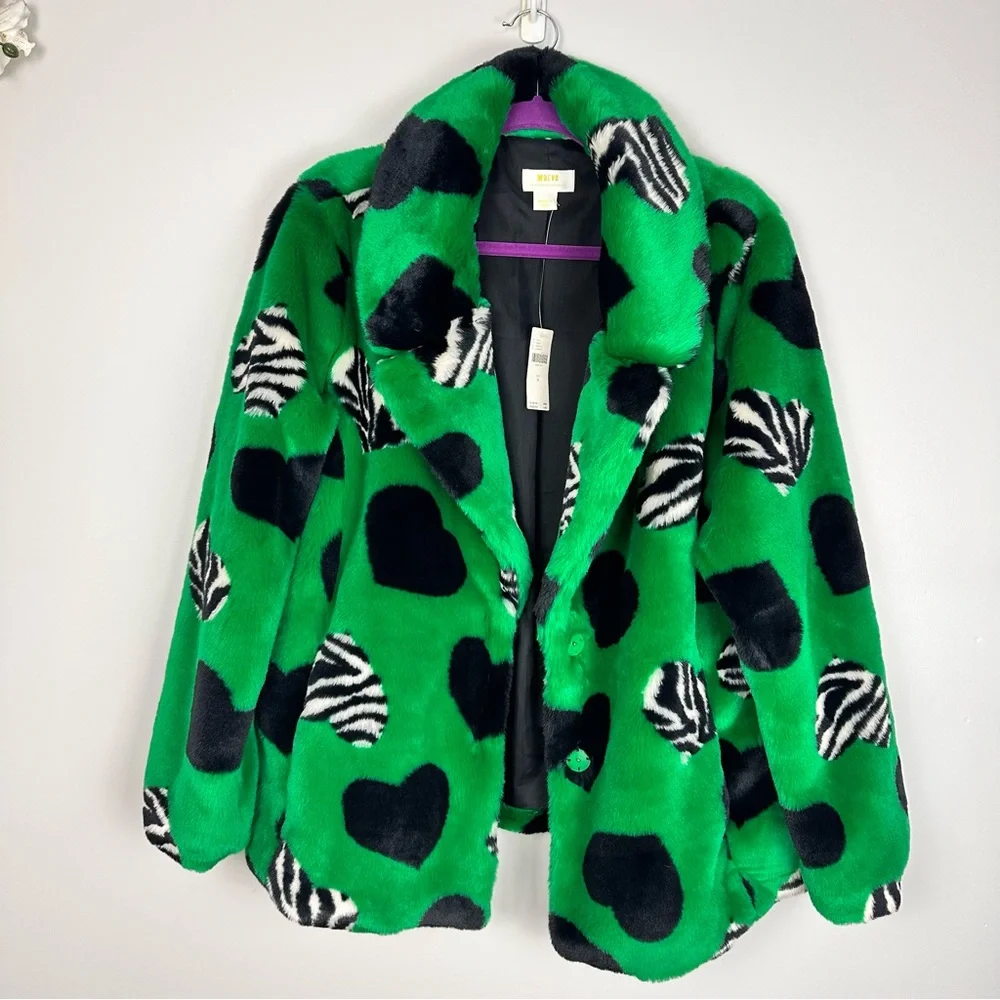 Maeve by Anthropologie Faux Fur Coat Green Black Multi Hearts Sz Medium NWT - Picture 8 of 16